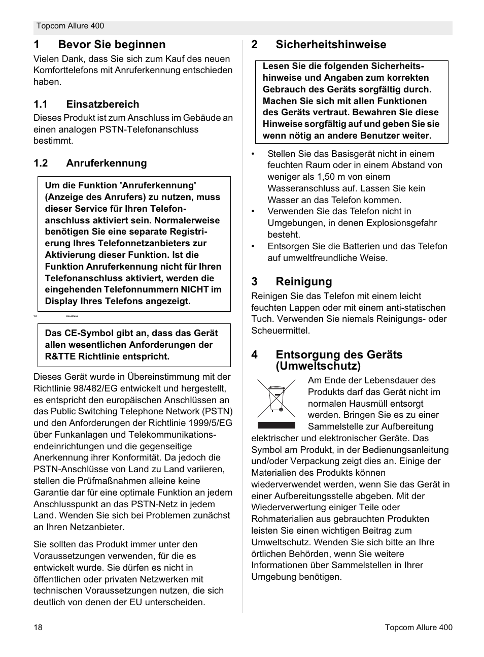 1bevor sie beginnen, 2sicherheitshinweise, 3reinigung | 4entsorgung des geräts (umweltschutz) | Topcom Allure 400 User Manual | Page 18 / 80