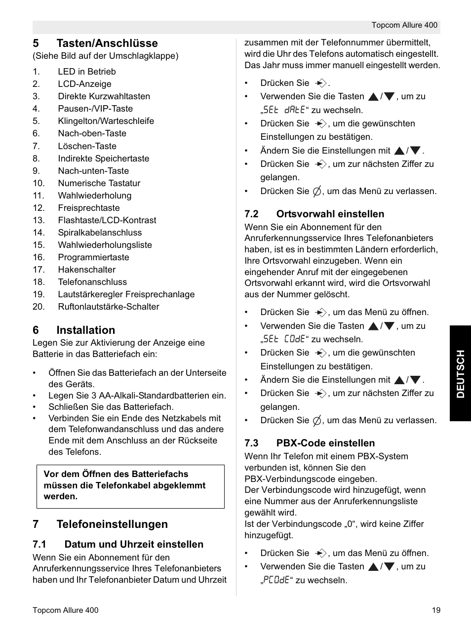 5tasten/anschlüsse, 6installation, 7telefoneinstellungen | Topcom Allure 400 User Manual | Page 19 / 80