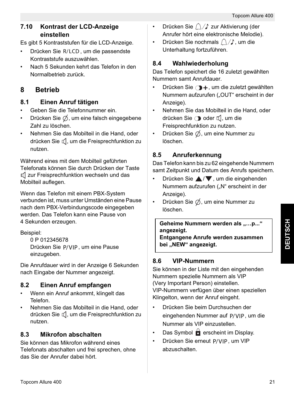 8betrieb | Topcom Allure 400 User Manual | Page 21 / 80