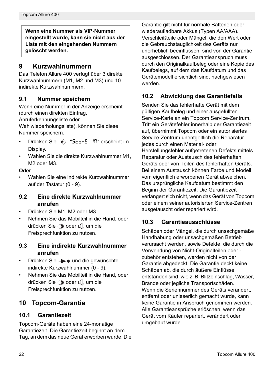 9kurzwahlnummern, 10 topcom-garantie | Topcom Allure 400 User Manual | Page 22 / 80