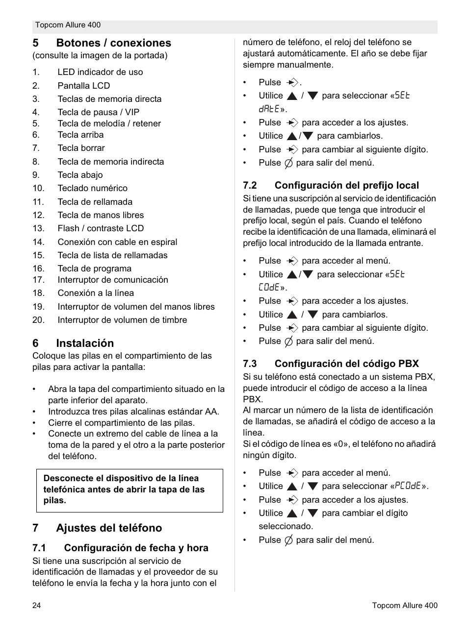 5botones / conexiones, 6instalación, 7ajustes del teléfono | Topcom Allure 400 User Manual | Page 24 / 80