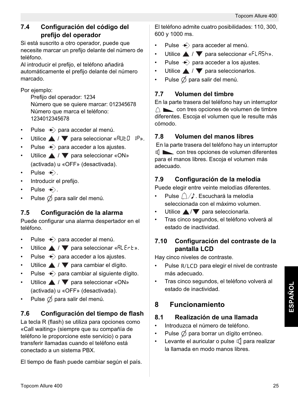 8funcionamiento | Topcom Allure 400 User Manual | Page 25 / 80