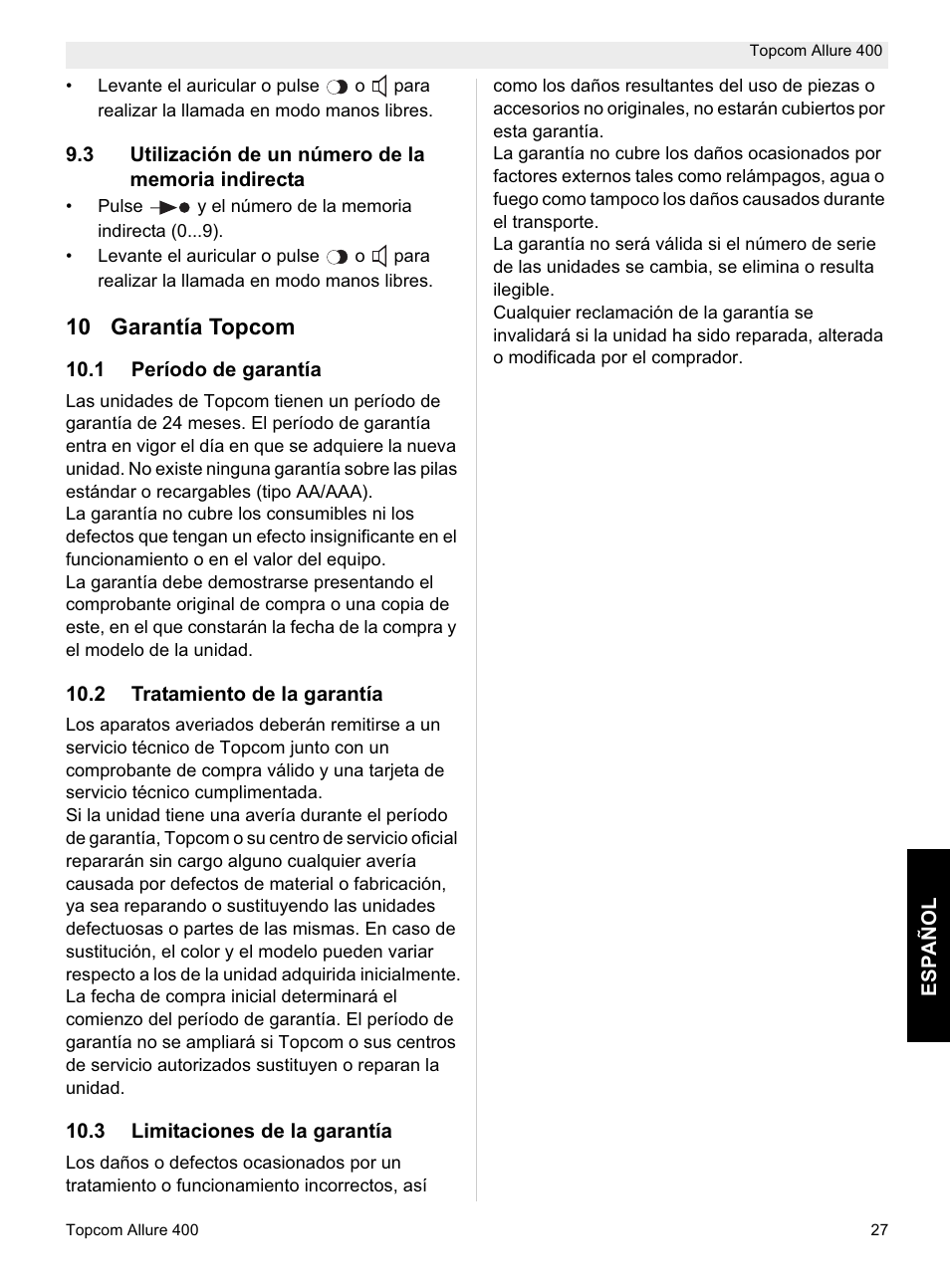 10 garantía topcom | Topcom Allure 400 User Manual | Page 27 / 80