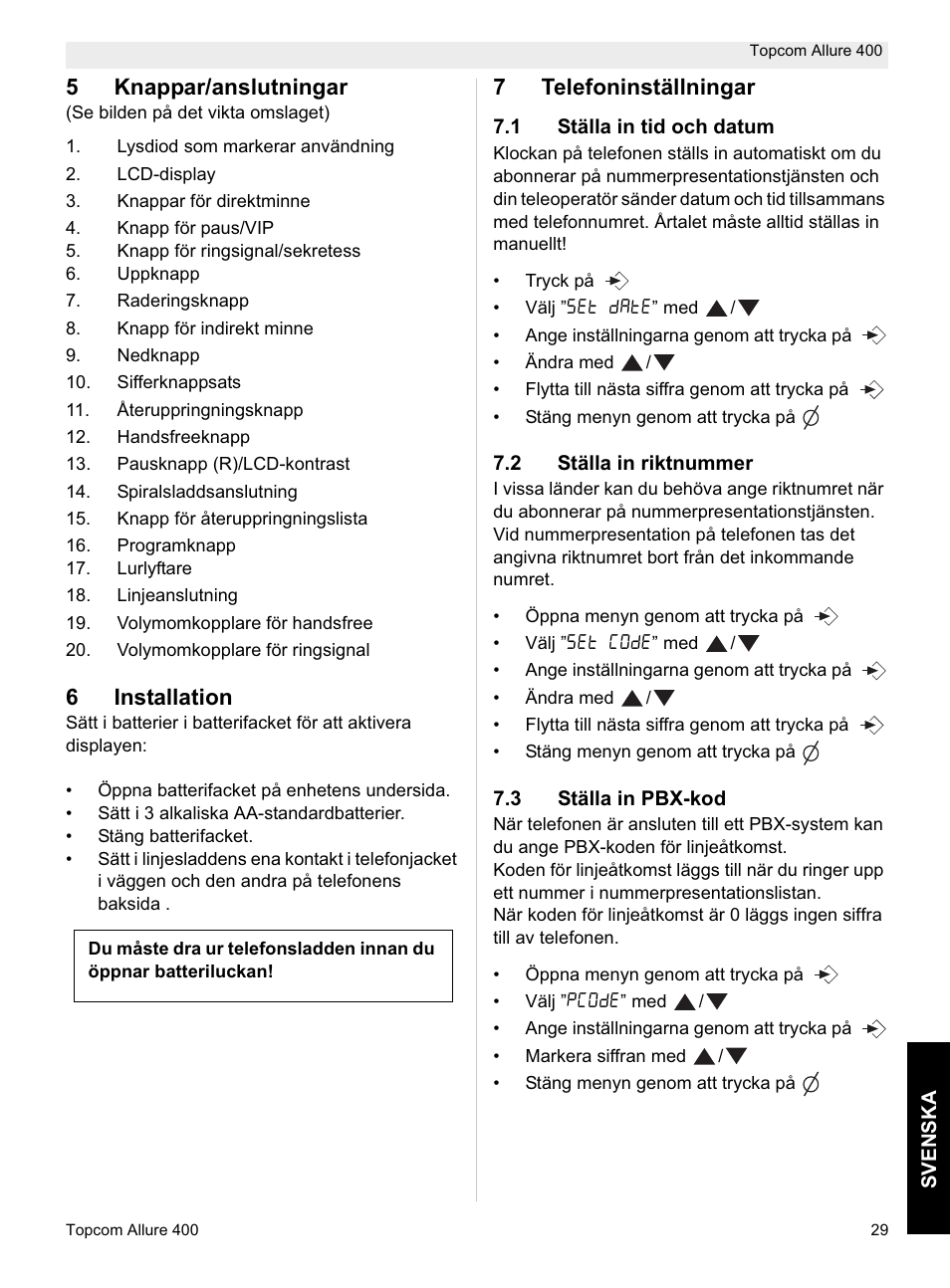 5knappar/anslutningar, 6installation, 7telefoninställningar | Topcom Allure 400 User Manual | Page 29 / 80