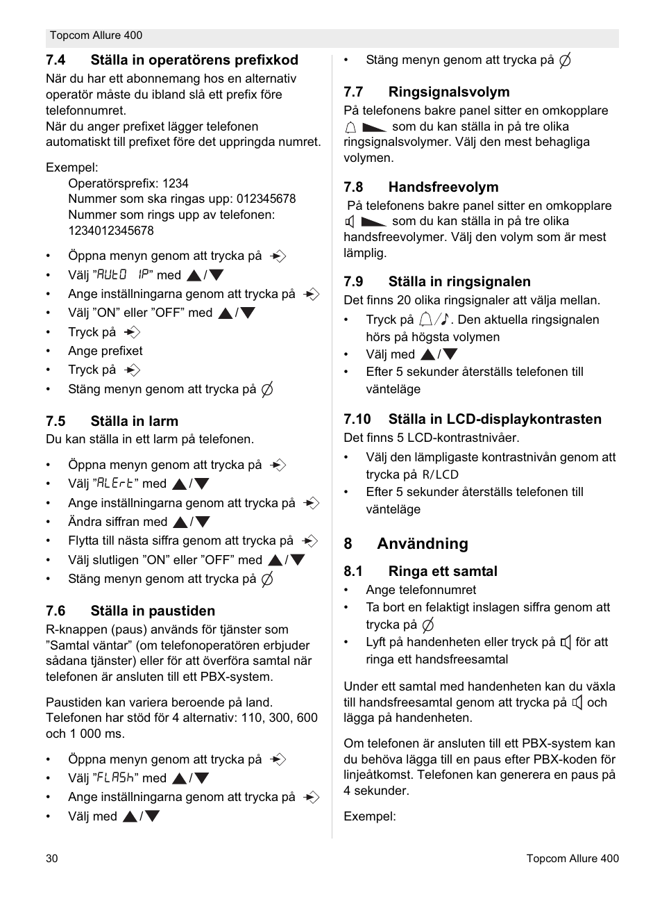 8användning | Topcom Allure 400 User Manual | Page 30 / 80