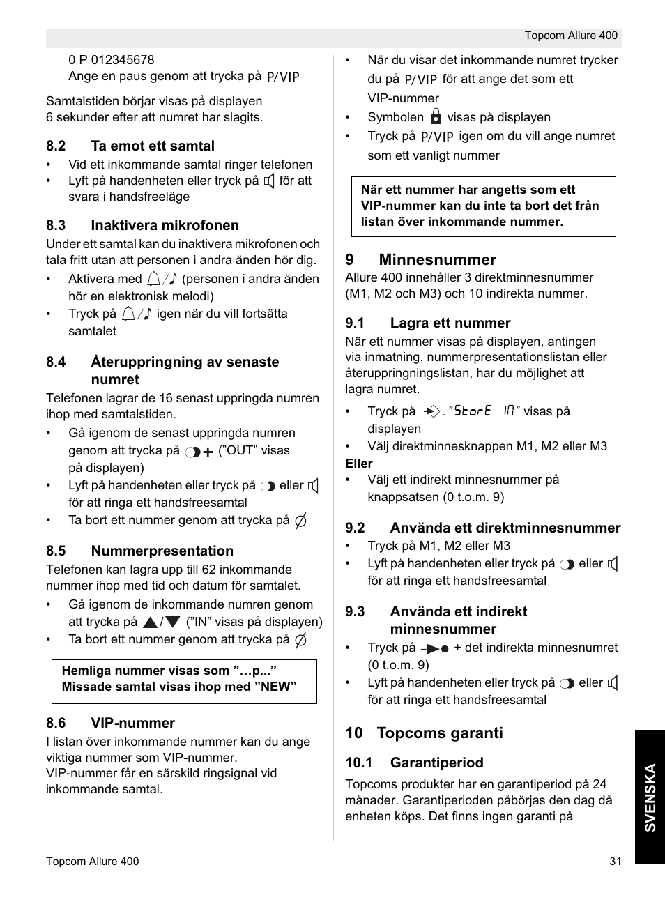 9minnesnummer, 10 topcoms garanti | Topcom Allure 400 User Manual | Page 31 / 80