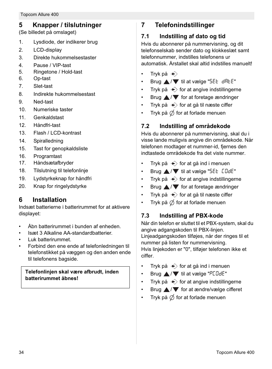 5knapper / tilslutninger, 6installation, 7telefonindstillinger | Topcom Allure 400 User Manual | Page 34 / 80