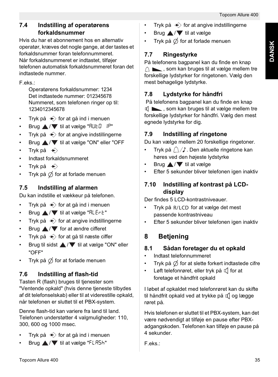8betjening | Topcom Allure 400 User Manual | Page 35 / 80
