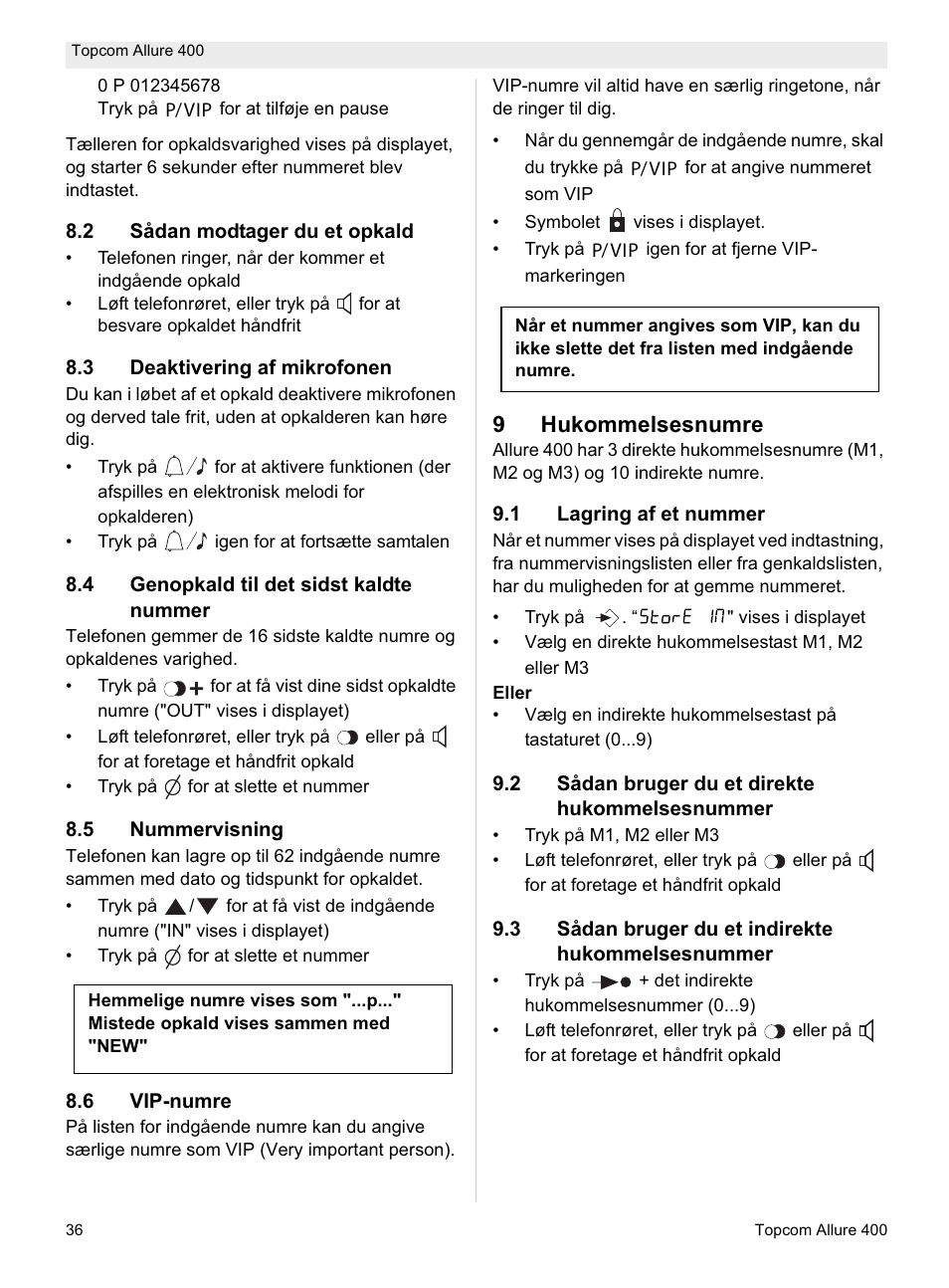 9hukommelsesnumre | Topcom Allure 400 User Manual | Page 36 / 80