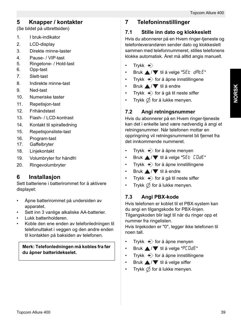 5knapper / kontakter, 6installasjon, 7telefoninnstillinger | Topcom Allure 400 User Manual | Page 39 / 80