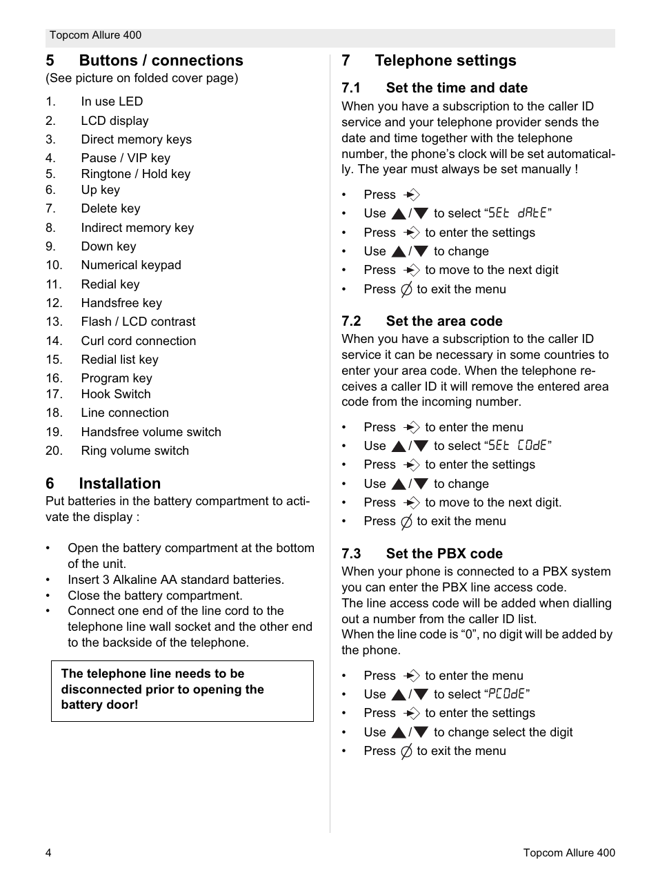 5buttons / connections, 6installation, 7telephone settings | Topcom Allure 400 User Manual | Page 4 / 80