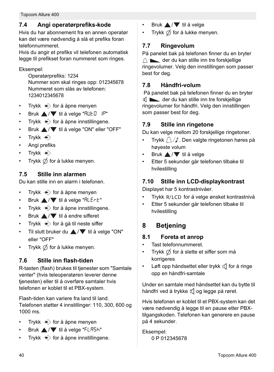 8betjening | Topcom Allure 400 User Manual | Page 40 / 80