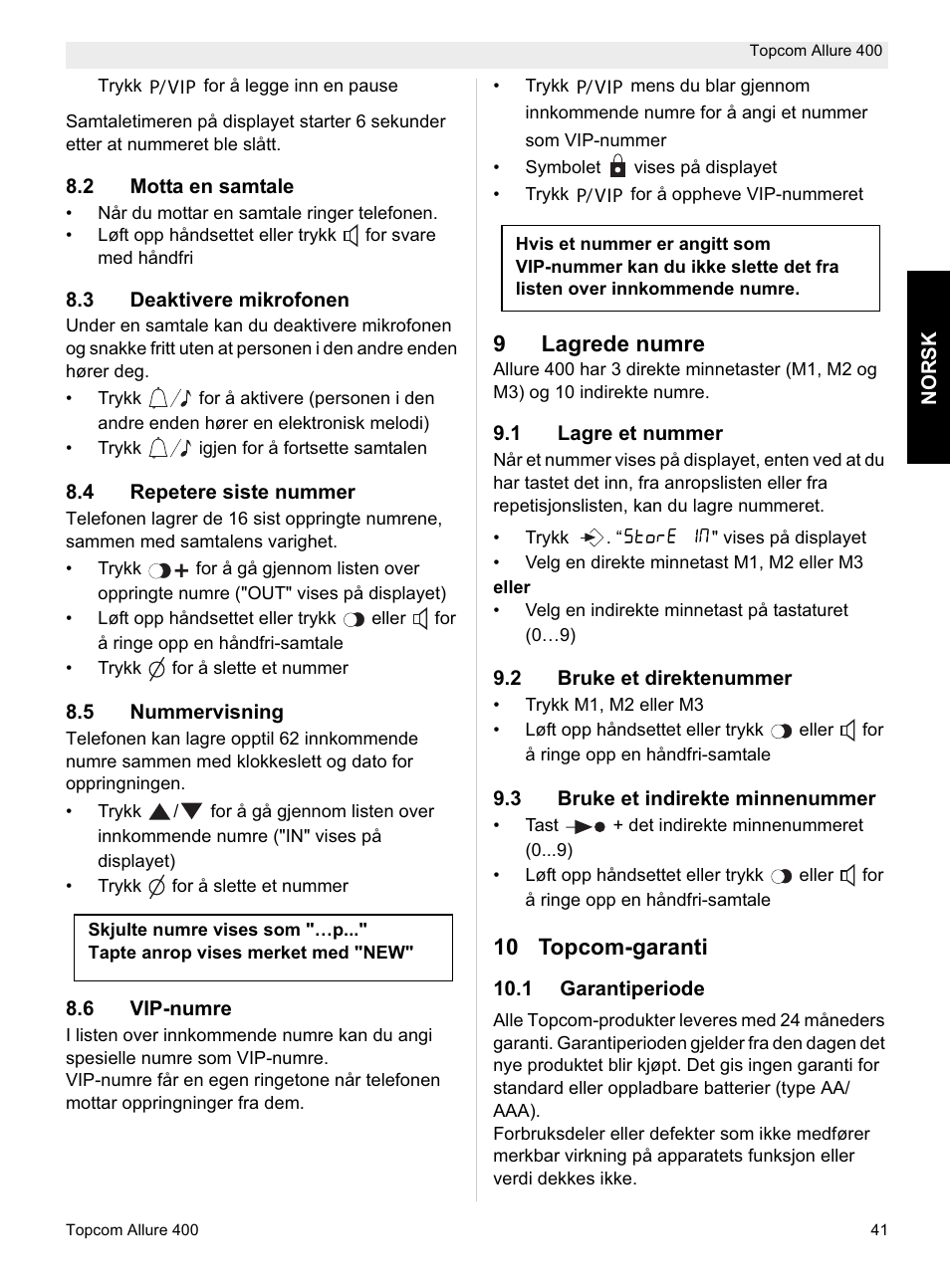 9lagrede numre, 10 topcom-garanti | Topcom Allure 400 User Manual | Page 41 / 80