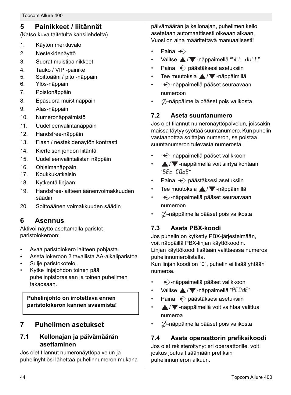 5painikkeet / liitännät, 6asennus, 7puhelimen asetukset | Topcom Allure 400 User Manual | Page 44 / 80