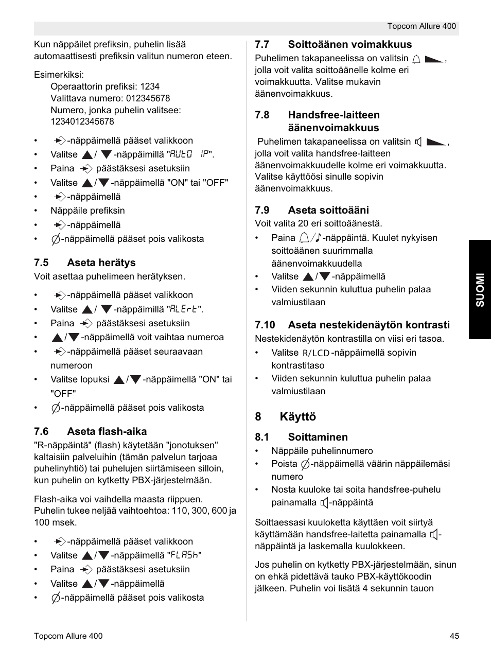8käyttö | Topcom Allure 400 User Manual | Page 45 / 80