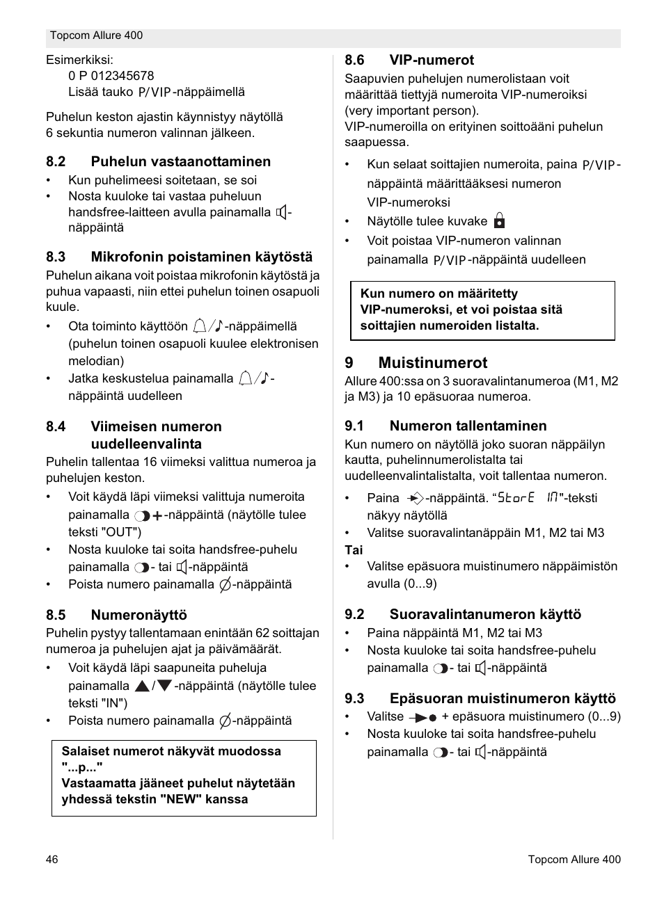 9muistinumerot | Topcom Allure 400 User Manual | Page 46 / 80