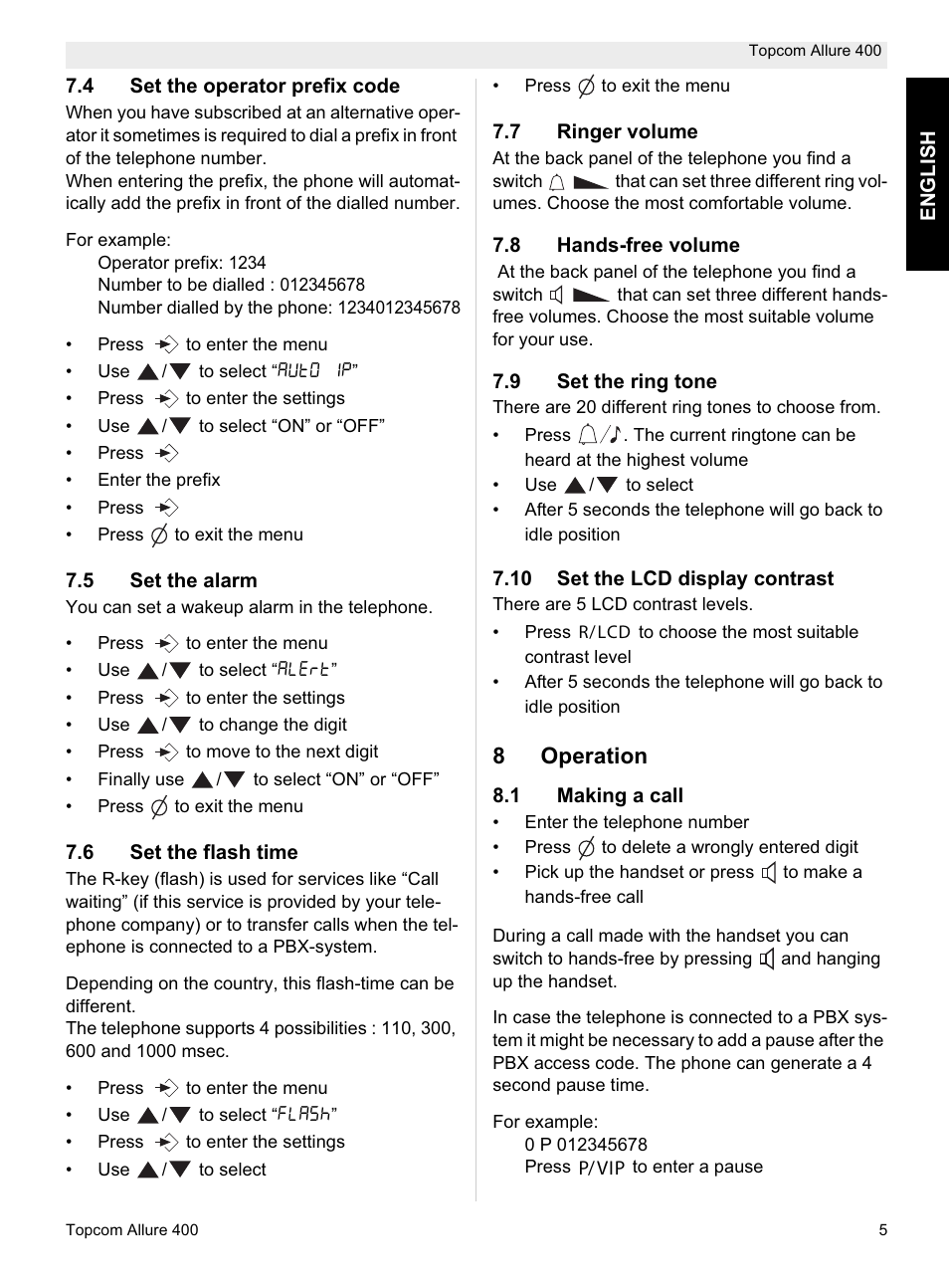 8operation | Topcom Allure 400 User Manual | Page 5 / 80