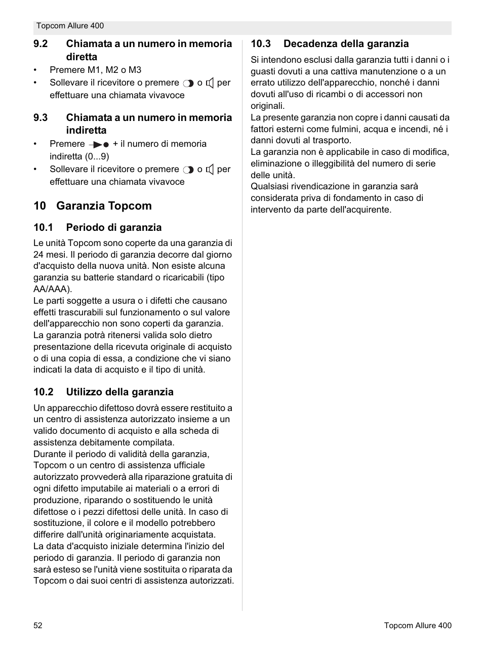 10 garanzia topcom | Topcom Allure 400 User Manual | Page 52 / 80