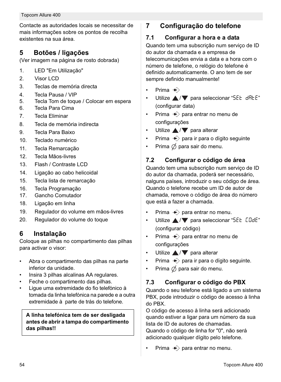 5botões / ligações, 6instalação, 7configuração do telefone | Topcom Allure 400 User Manual | Page 54 / 80