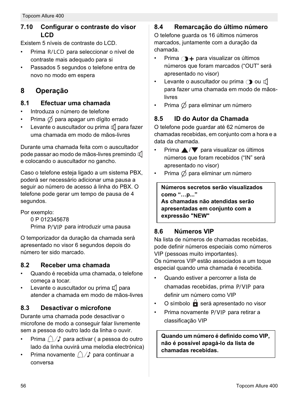 8operação | Topcom Allure 400 User Manual | Page 56 / 80