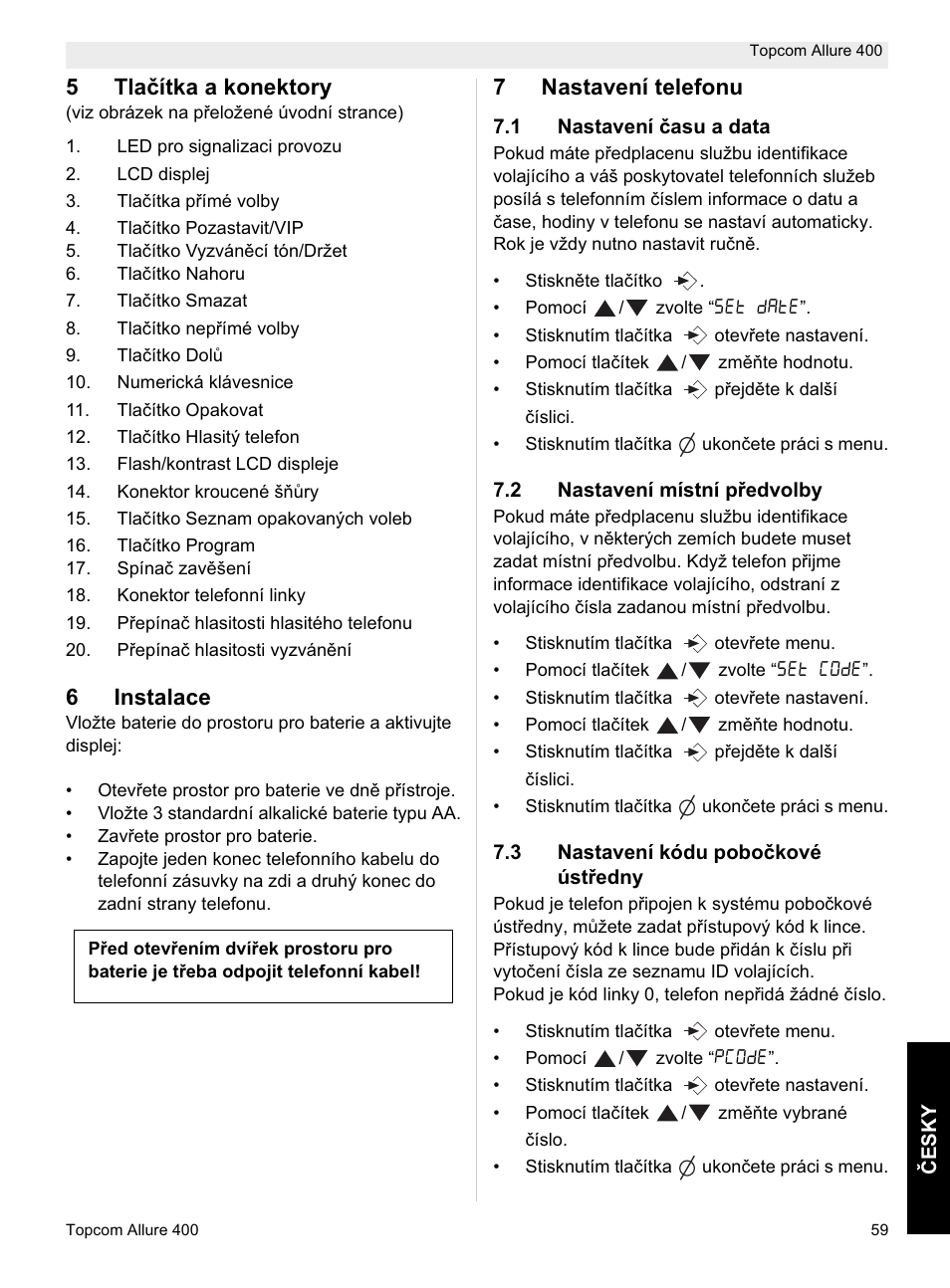 5tlaþítka a konektory, 6instalace, 7nastavení telefonu | Topcom Allure 400 User Manual | Page 59 / 80