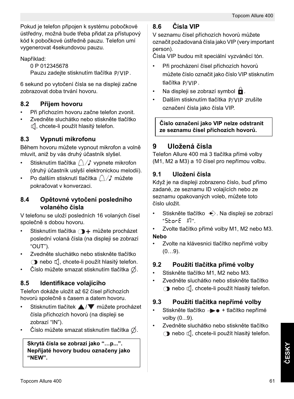 9uložená þísla | Topcom Allure 400 User Manual | Page 61 / 80