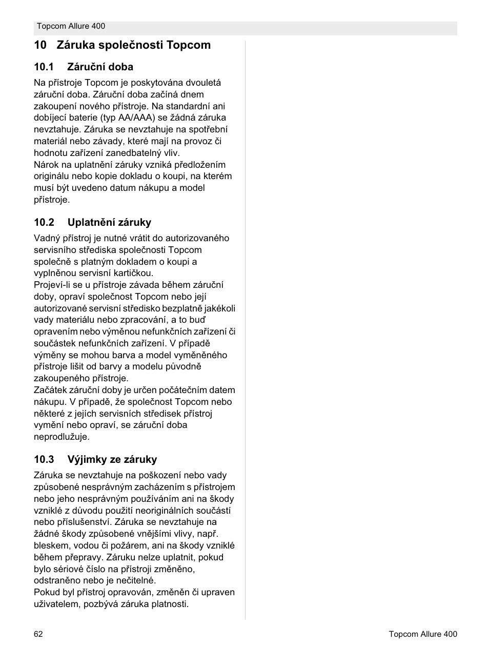 10 záruka spoleþnosti topcom | Topcom Allure 400 User Manual | Page 62 / 80