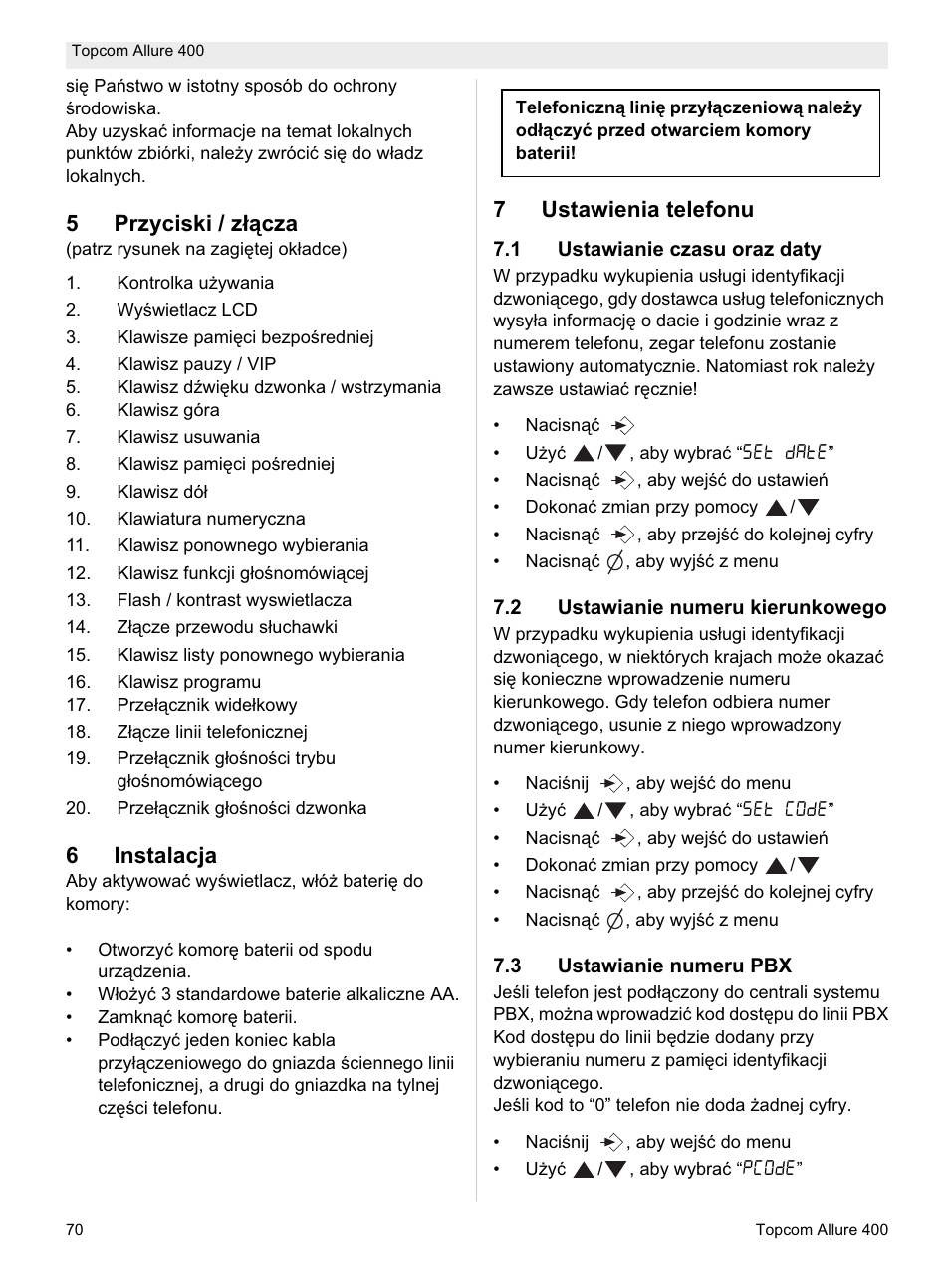 5przyciski / záącza, 6instalacja, 7ustawienia telefonu | Topcom Allure 400 User Manual | Page 70 / 80