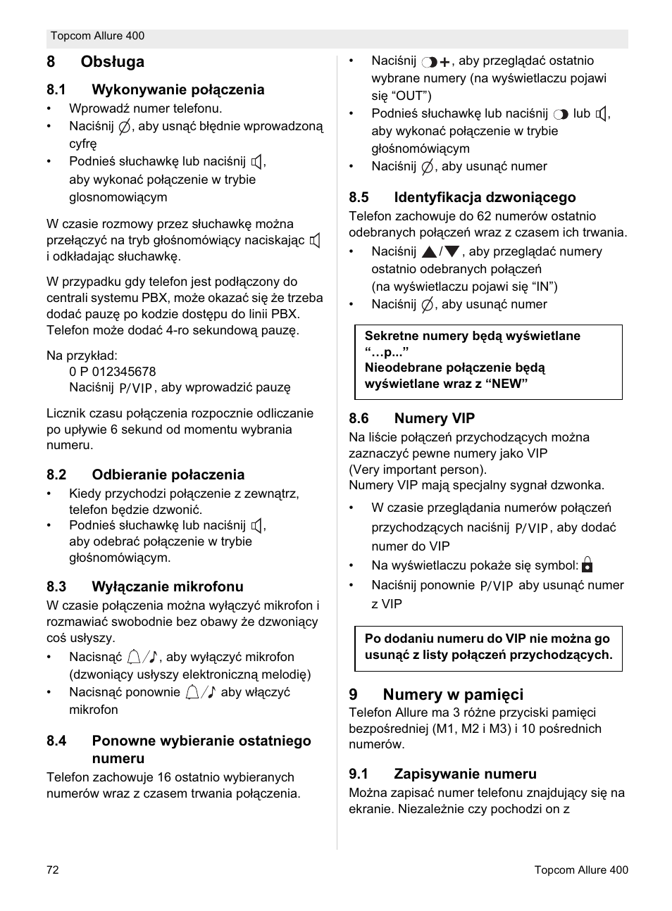 8obsáuga, 9numery w pamiċci | Topcom Allure 400 User Manual | Page 72 / 80