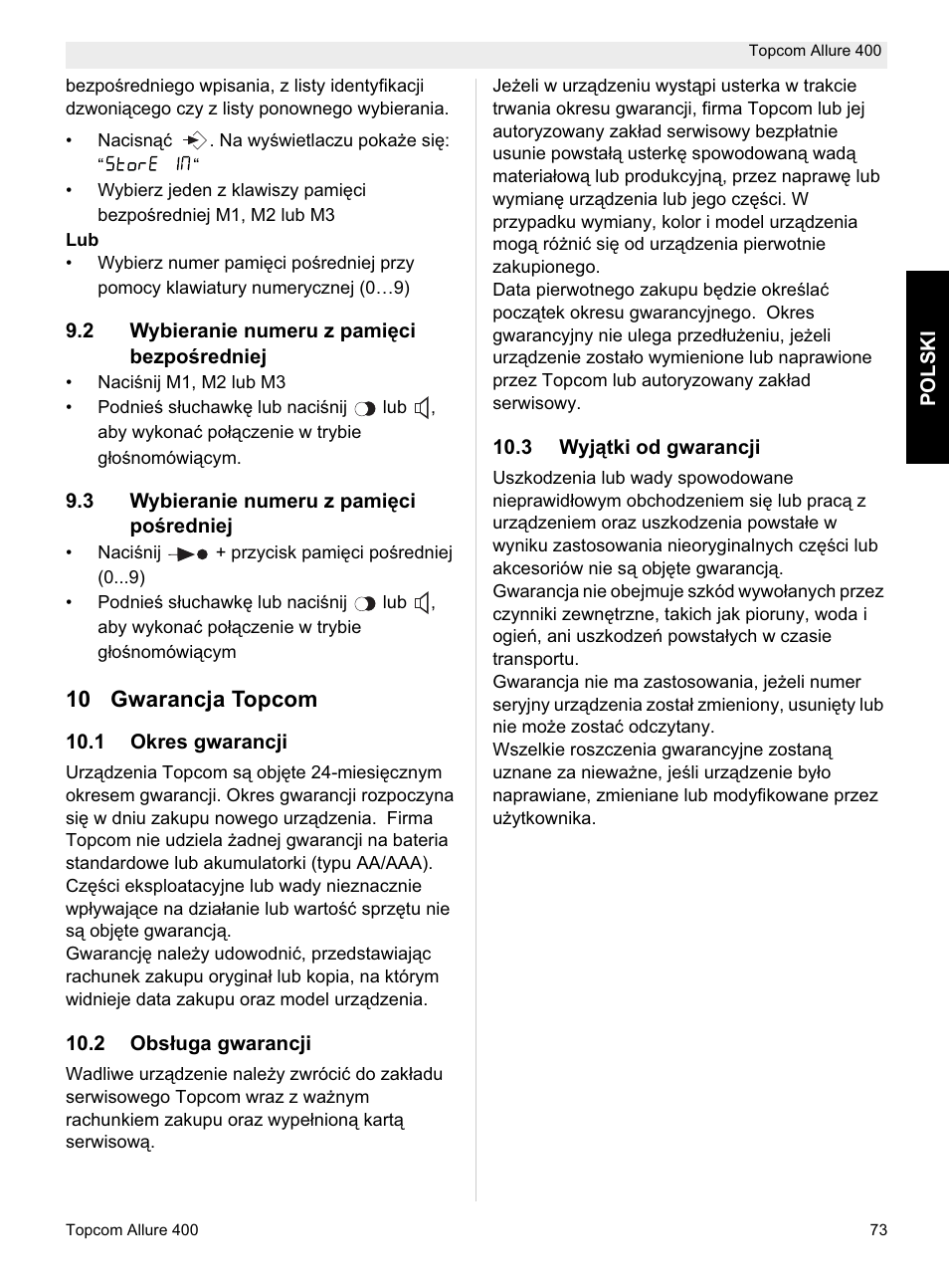 10 gwarancja topcom | Topcom Allure 400 User Manual | Page 73 / 80