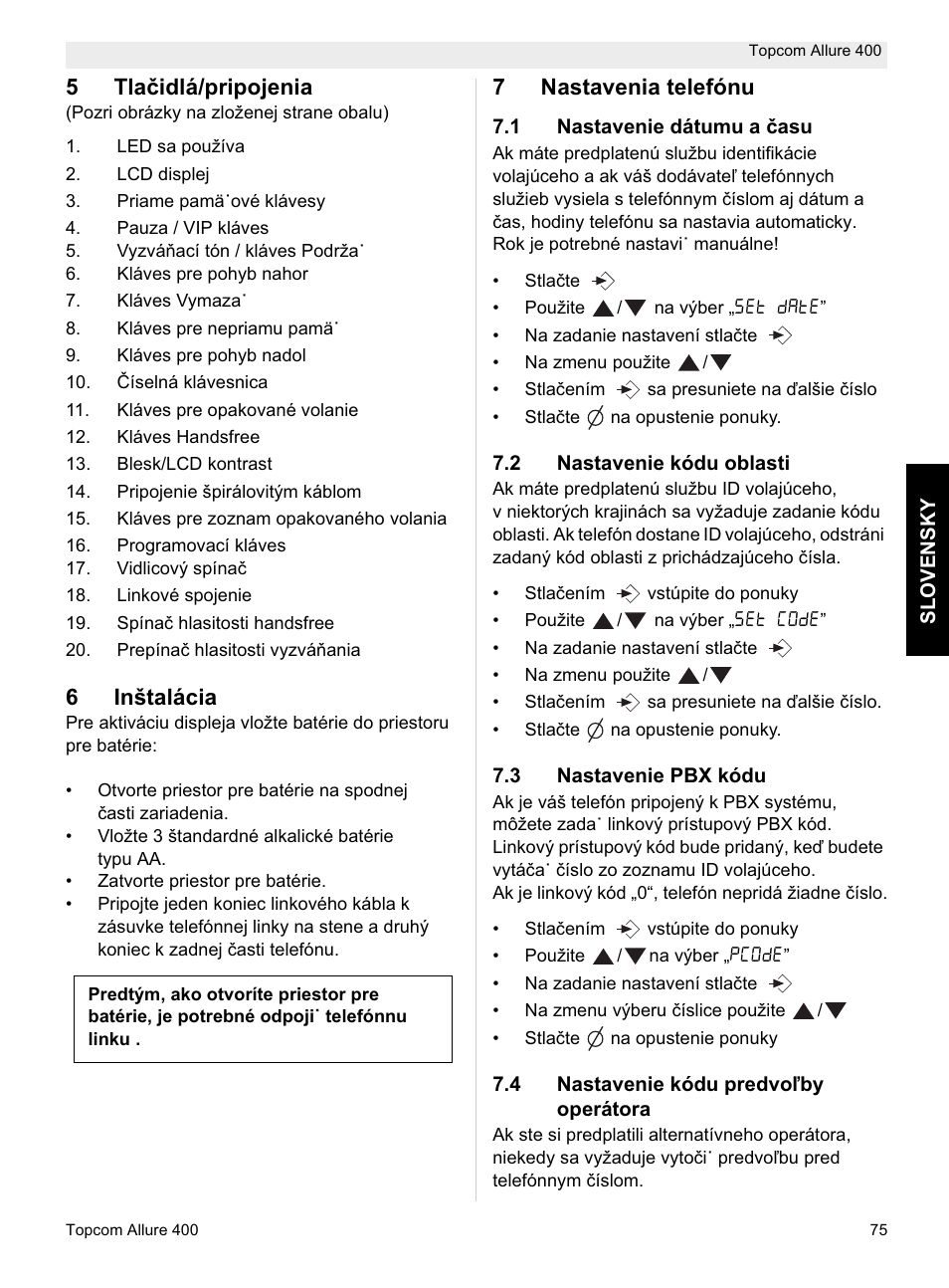 5tlaþidlá/pripojenia, 6inštalácia, 7nastavenia telefónu | Topcom Allure 400 User Manual | Page 75 / 80