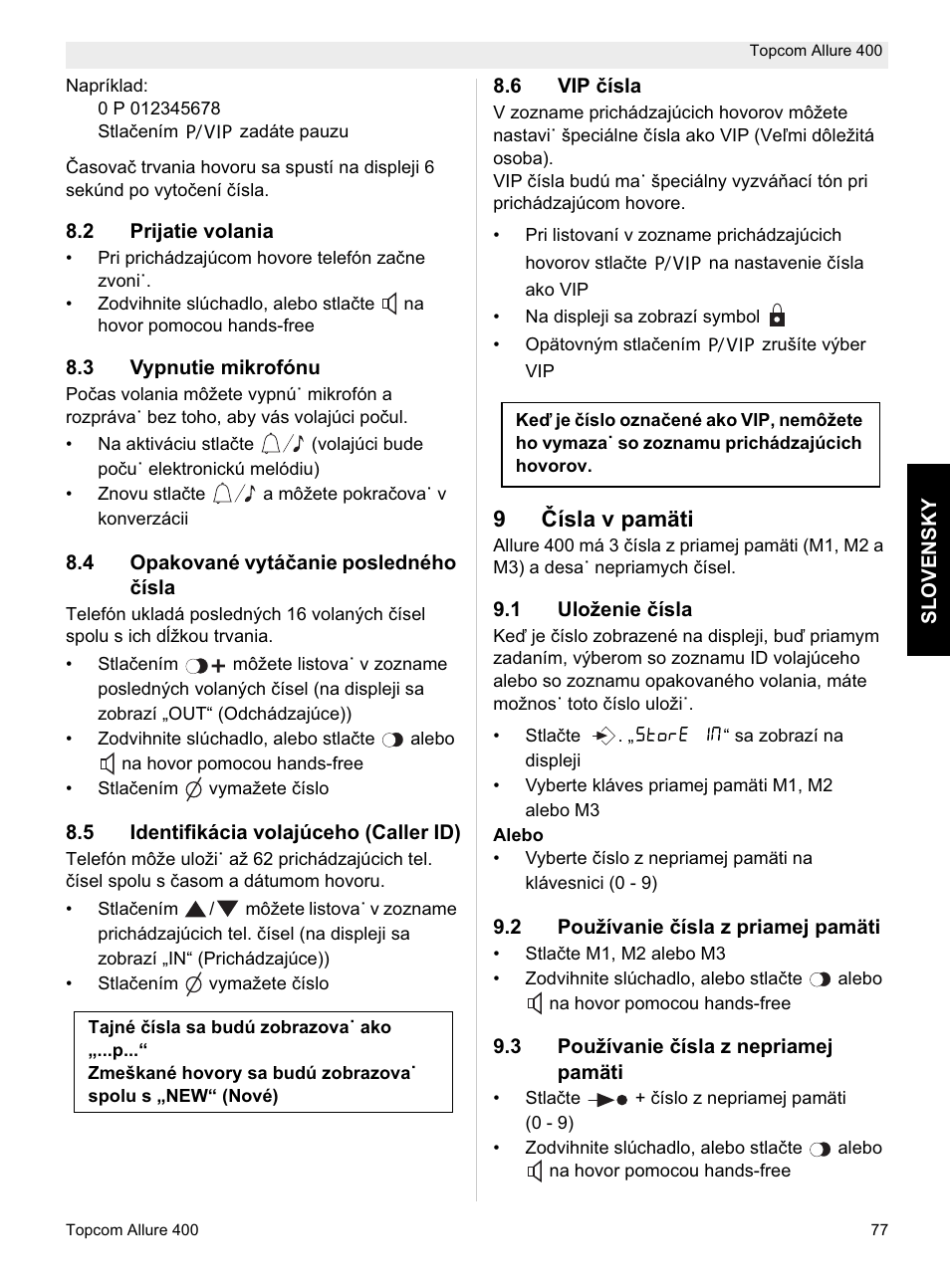 9ýísla v pamäti | Topcom Allure 400 User Manual | Page 77 / 80
