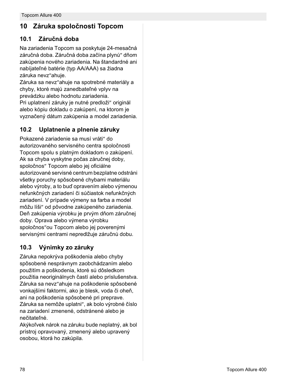 10 záruka spoloþnosti topcom | Topcom Allure 400 User Manual | Page 78 / 80