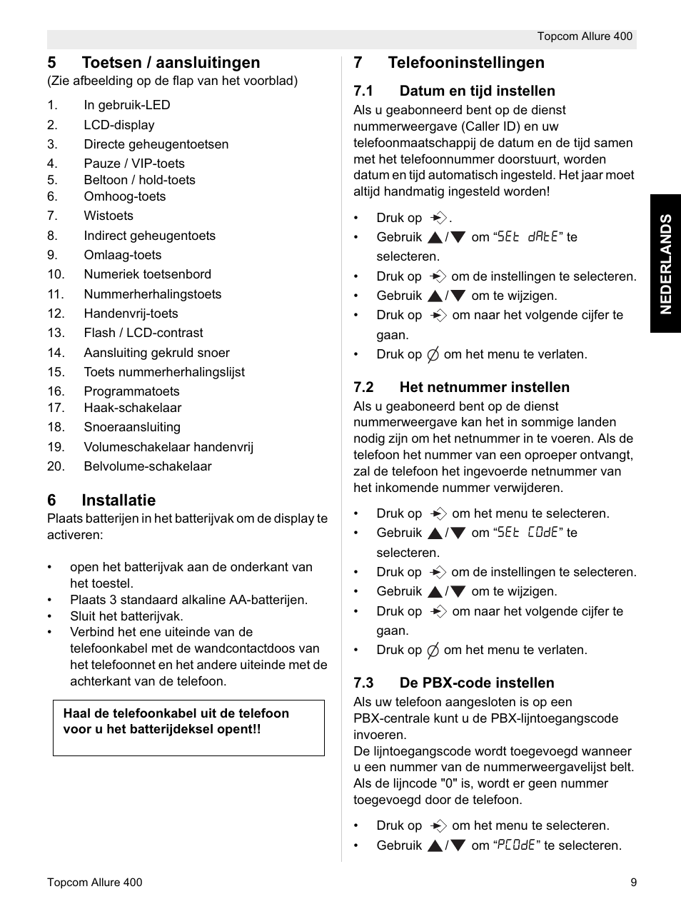 5toetsen / aansluitingen, 6installatie, 7telefooninstellingen | Topcom Allure 400 User Manual | Page 9 / 80