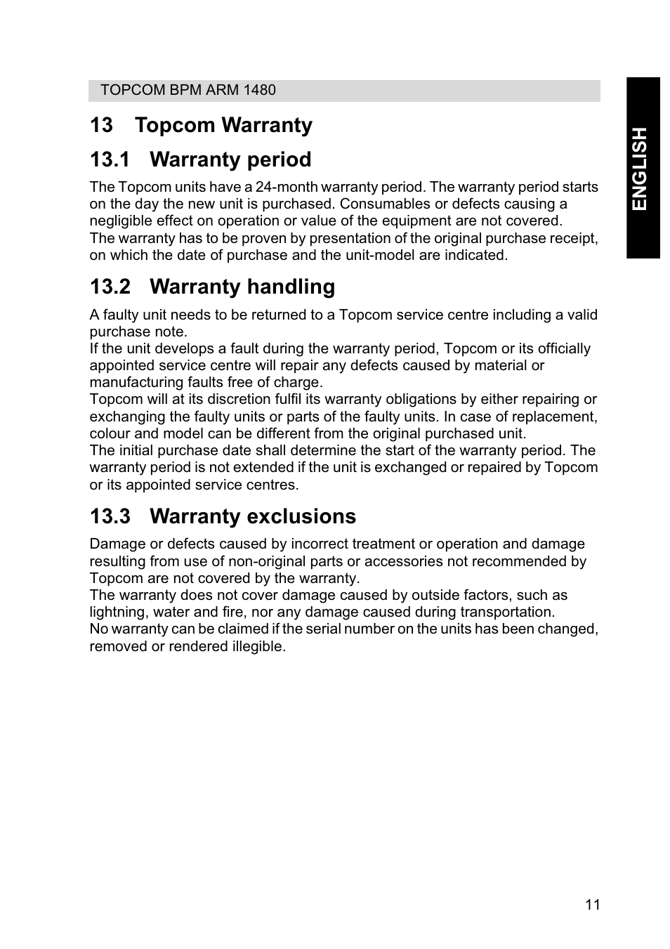 2 warranty handling, 3 warranty exclusions | Topcom BPM Wrist 1480 User Manual | Page 11 / 12