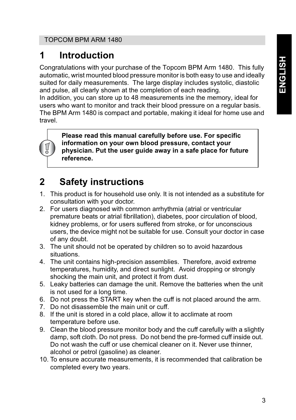 1introduction, 2safety instructions, English | Topcom BPM Wrist 1480 User Manual | Page 3 / 12