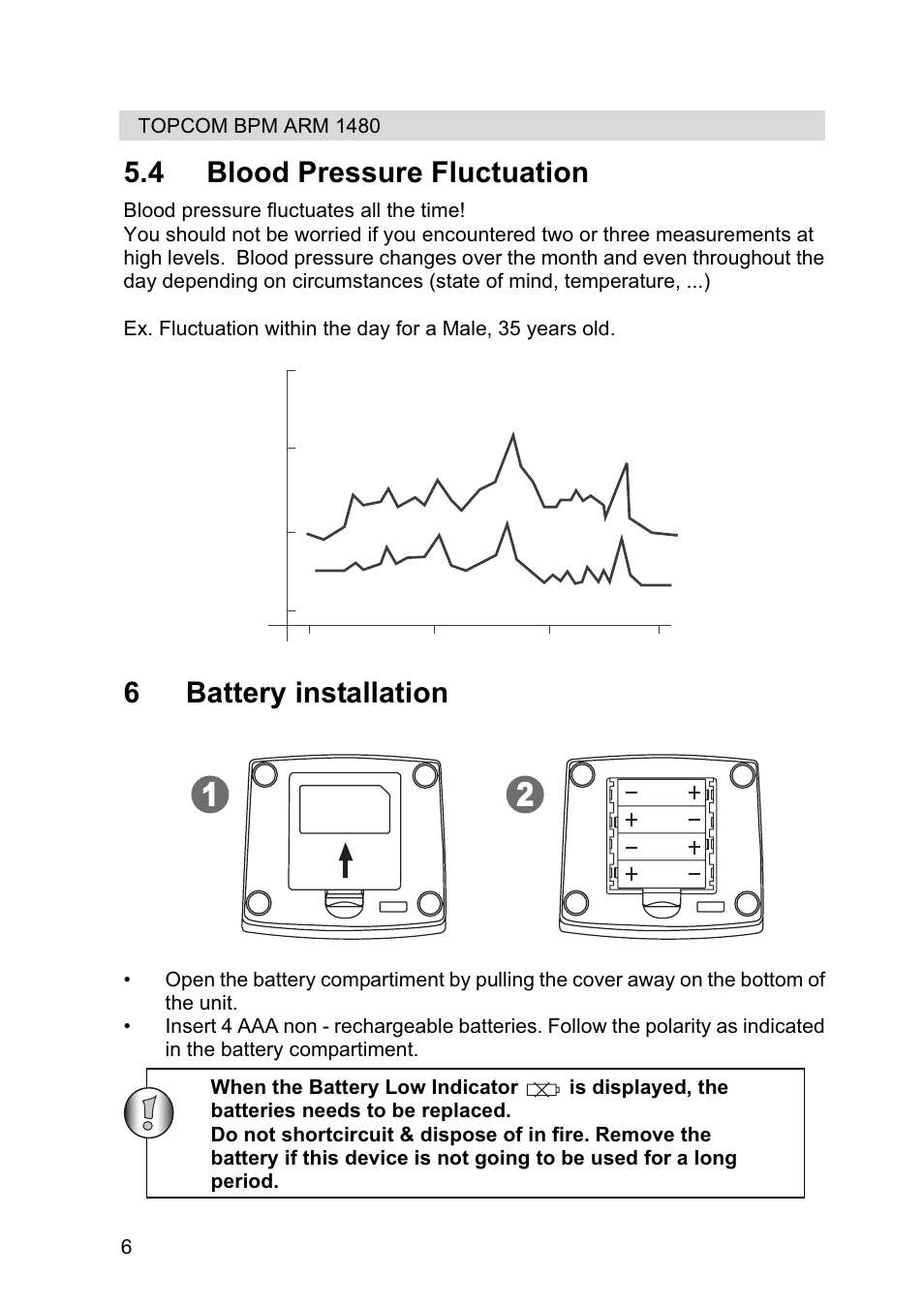 4 blood pressure fluctuation, 6battery installation | Topcom BPM Wrist 1480 User Manual | Page 6 / 12