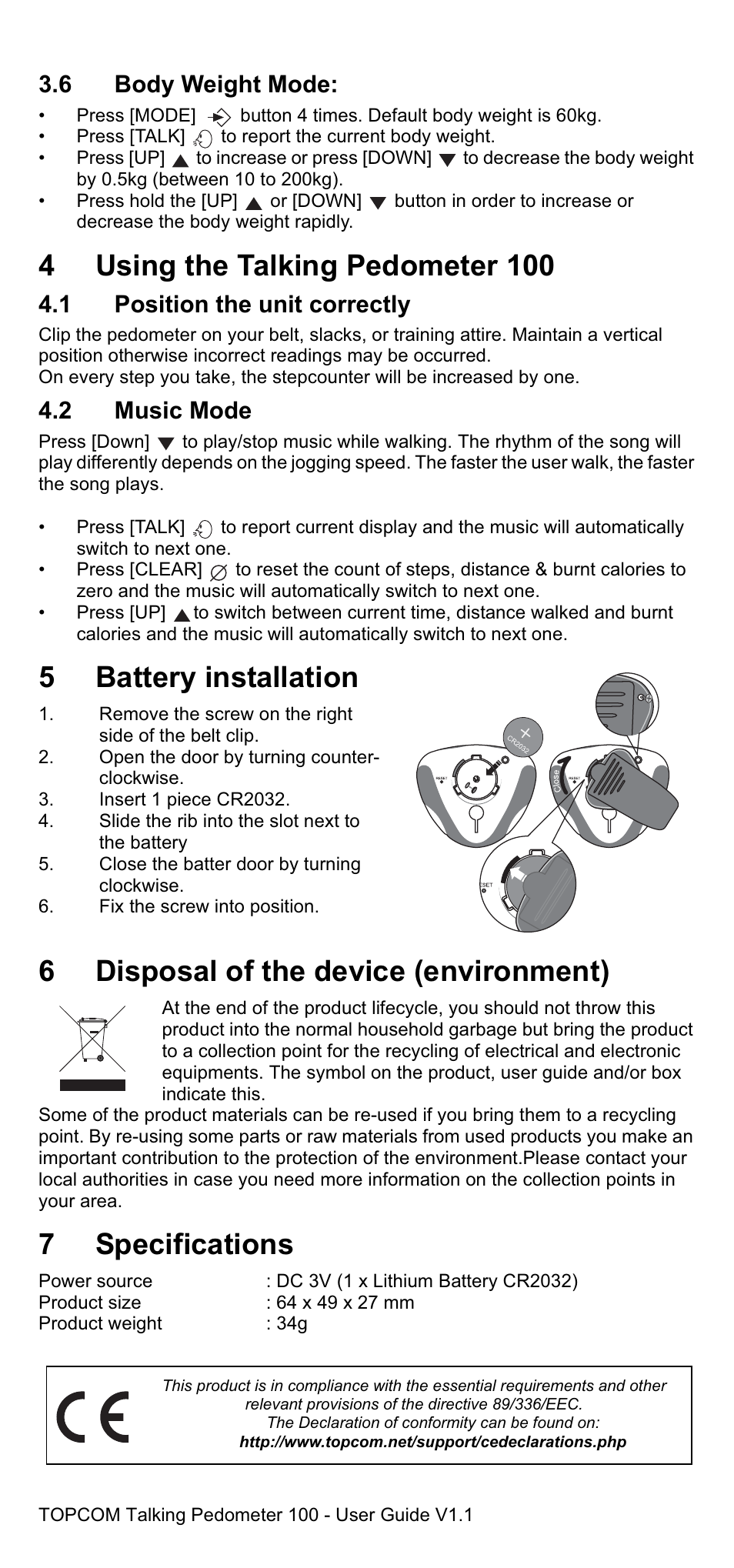 4using the talking pedometer 100, 5battery installation, 6disposal of the device (environment) | 7specifications, 6 body weight mode, 1 position the unit correctly, 2 music mode | Topcom Talking Pedometer 100 User Manual | Page 2 / 2