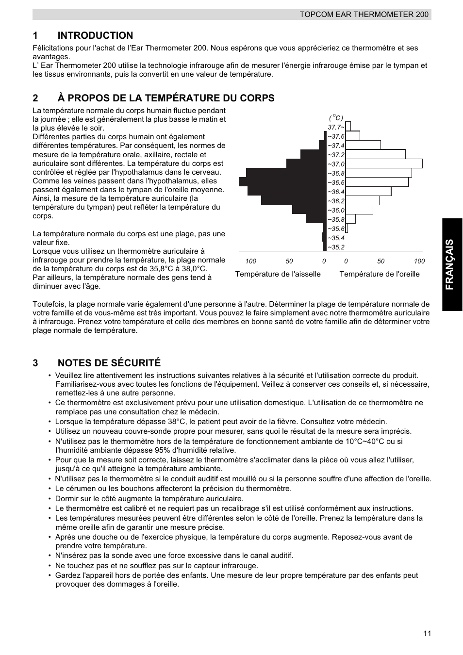 Français 1 introduction, 2à propos de la température du corps | Topcom 200 User Manual | Page 11 / 88