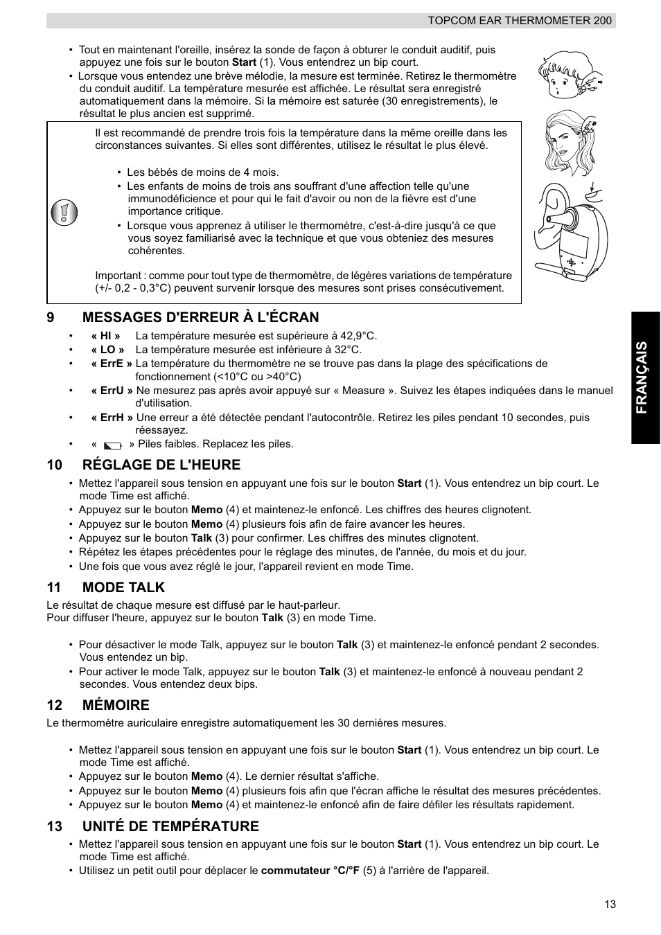 Français, 9messages d'erreur à l'écran, 10 réglage de l'heure | 11 mode talk, 12 mémoire, 13 unité de température | Topcom 200 User Manual | Page 13 / 88