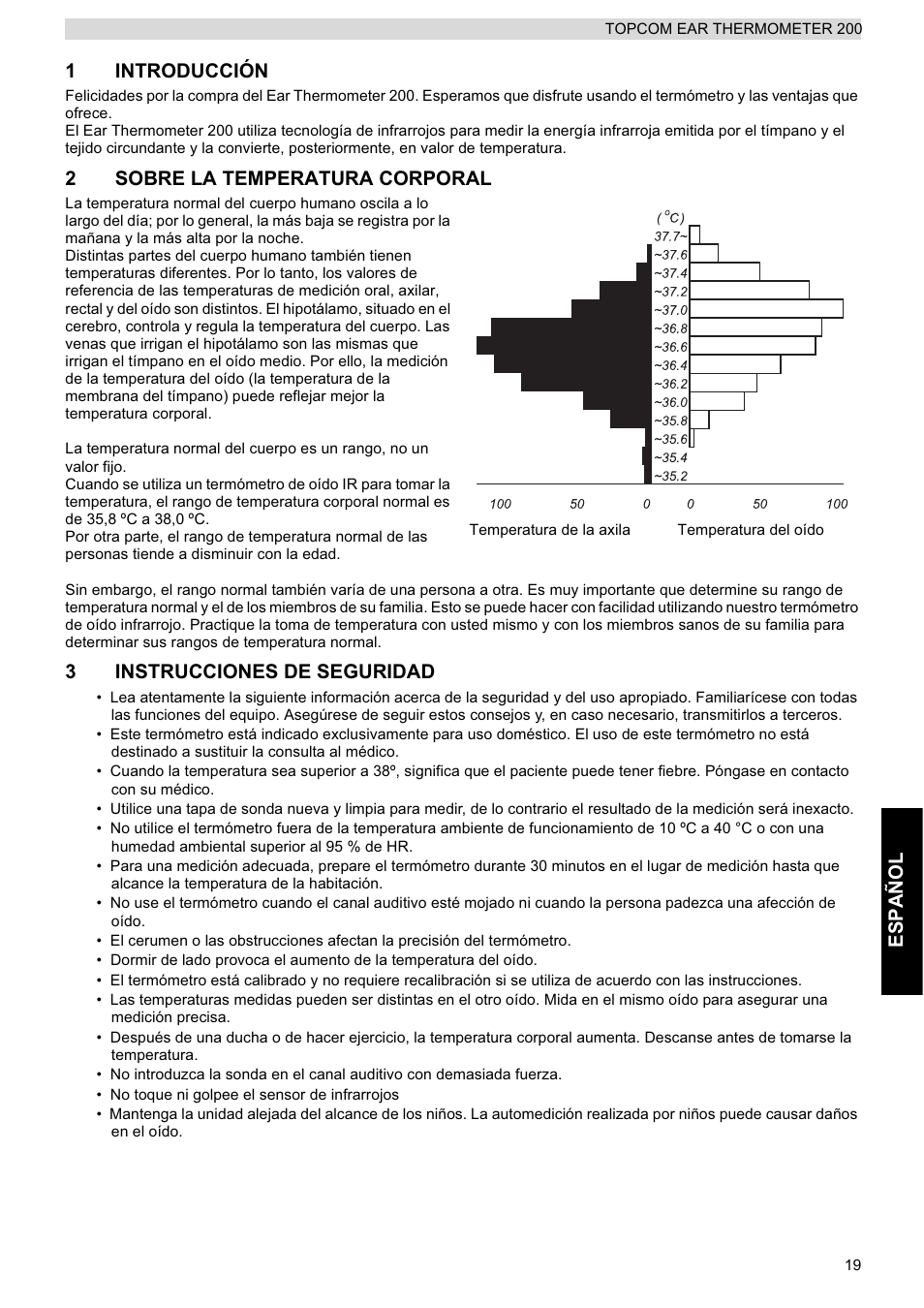 Español 1 introducción, 2sobre la temperatura corporal, 3instrucciones de seguridad | Topcom 200 User Manual | Page 19 / 88