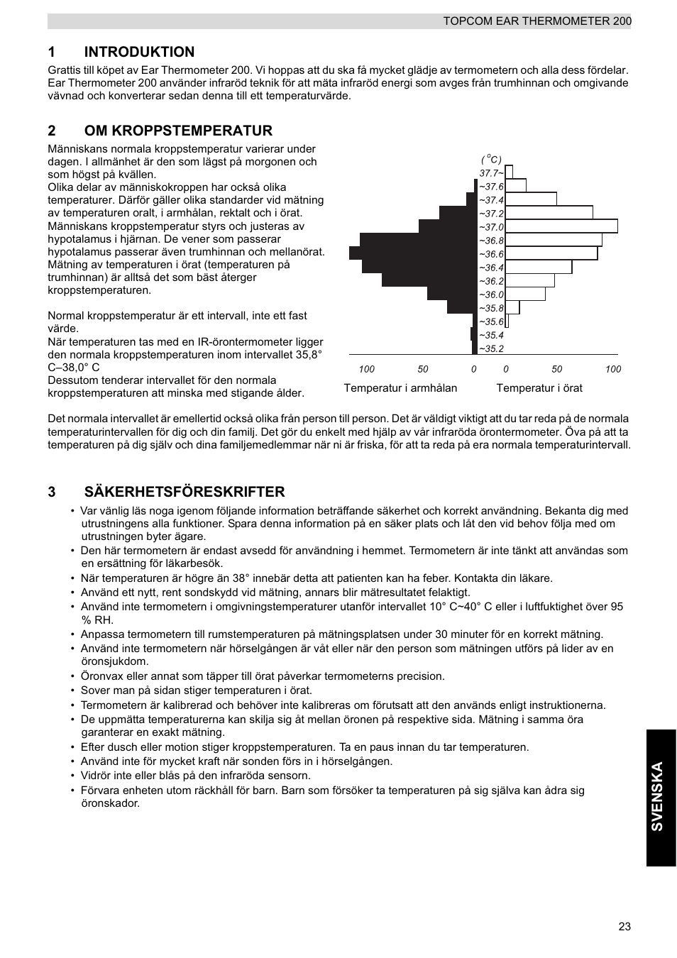 Sve nska 1 introduktion, 2om kroppstemperatur, 3säkerhetsföreskrifter | Topcom 200 User Manual | Page 23 / 88