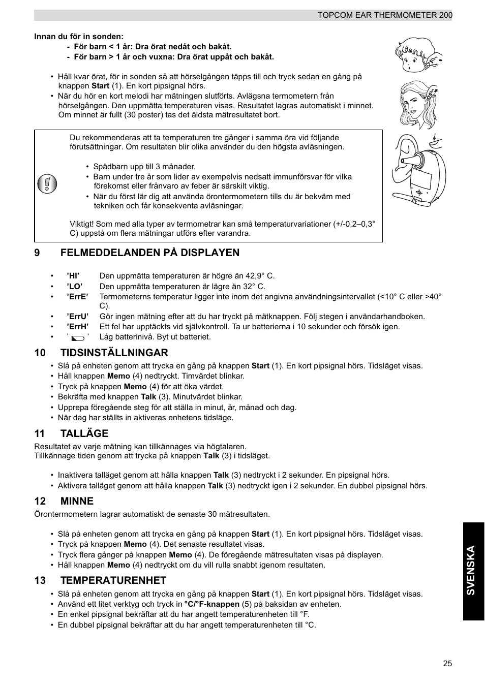 Sve nska, 9felmeddelanden på displayen, 10 tidsinställningar | 11 talläge, 12 minne, 13 temperaturenhet | Topcom 200 User Manual | Page 25 / 88