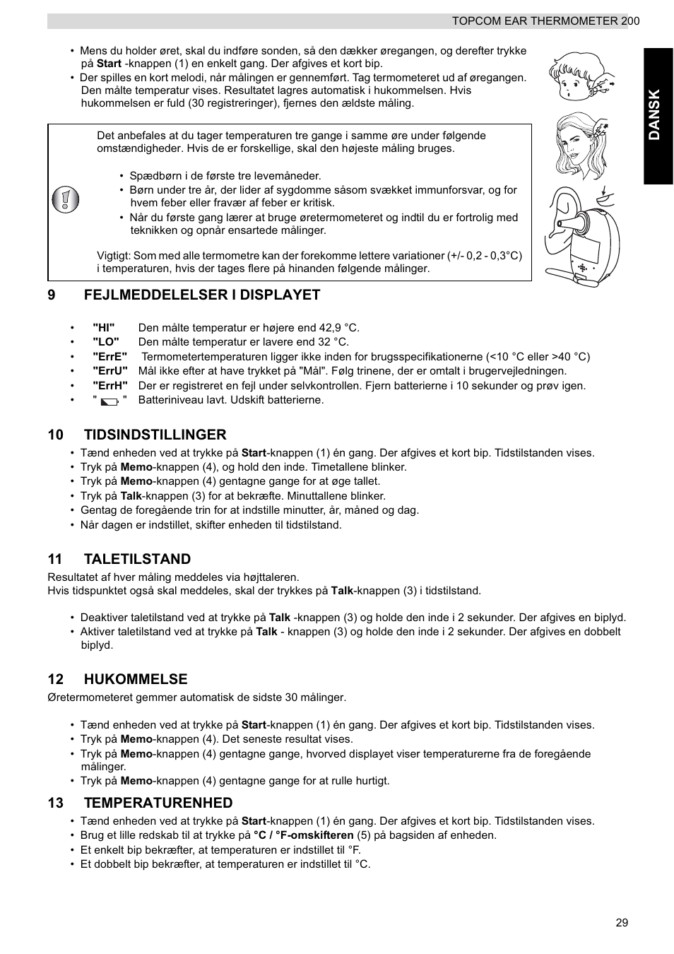 Dansk, 9fejlmeddelelser i displayet, 10 tidsindstillinger | 11 taletilstand, 12 hukommelse, 13 temperaturenhed | Topcom 200 User Manual | Page 29 / 88