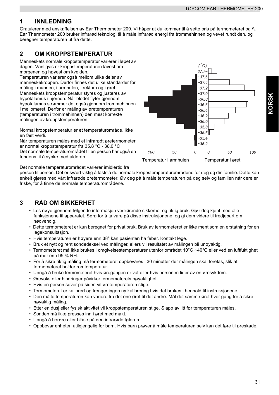 Norsk 1 innledning, 2om kroppstemperatur, 3råd om sikkerhet | Topcom 200 User Manual | Page 31 / 88