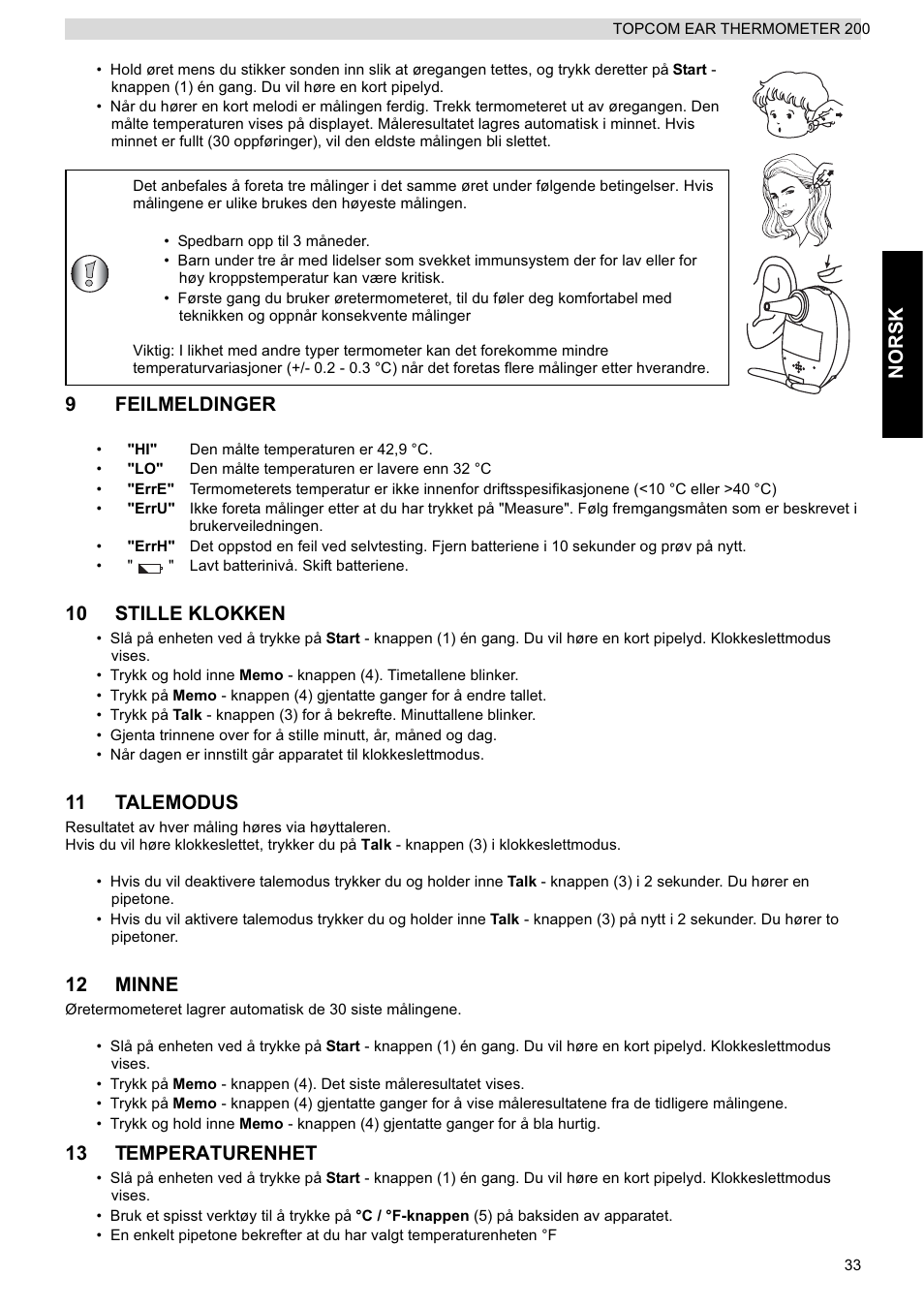 Norsk, 9feilmeldinger, 10 stille klokken | 11 talemodus, 12 minne, 13 temperaturenhet | Topcom 200 User Manual | Page 33 / 88