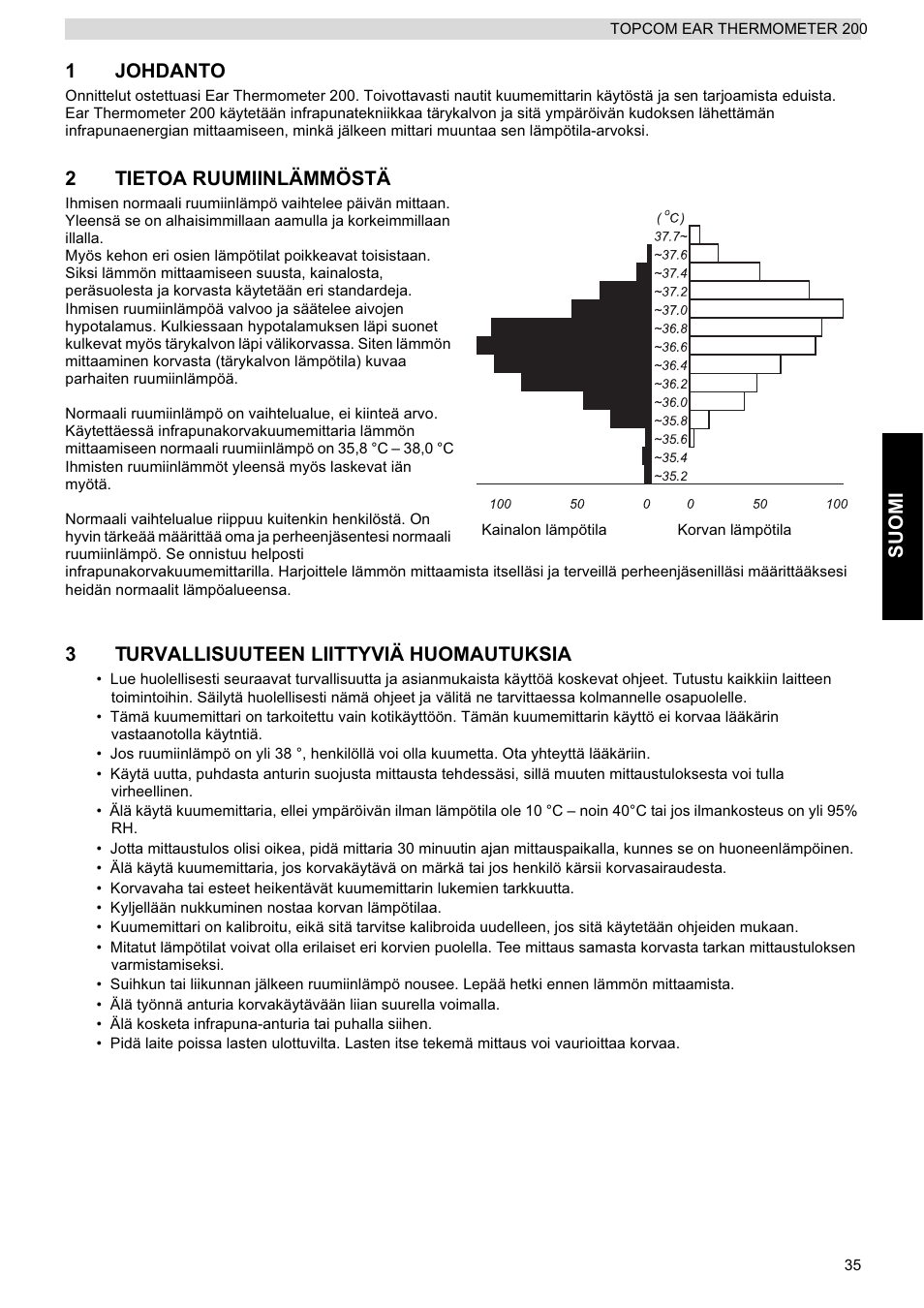 Suomi 1 johdanto, 2tietoa ruumiinlämmöstä, 3turvallisuuteen liittyviä huomautuksia | Topcom 200 User Manual | Page 35 / 88