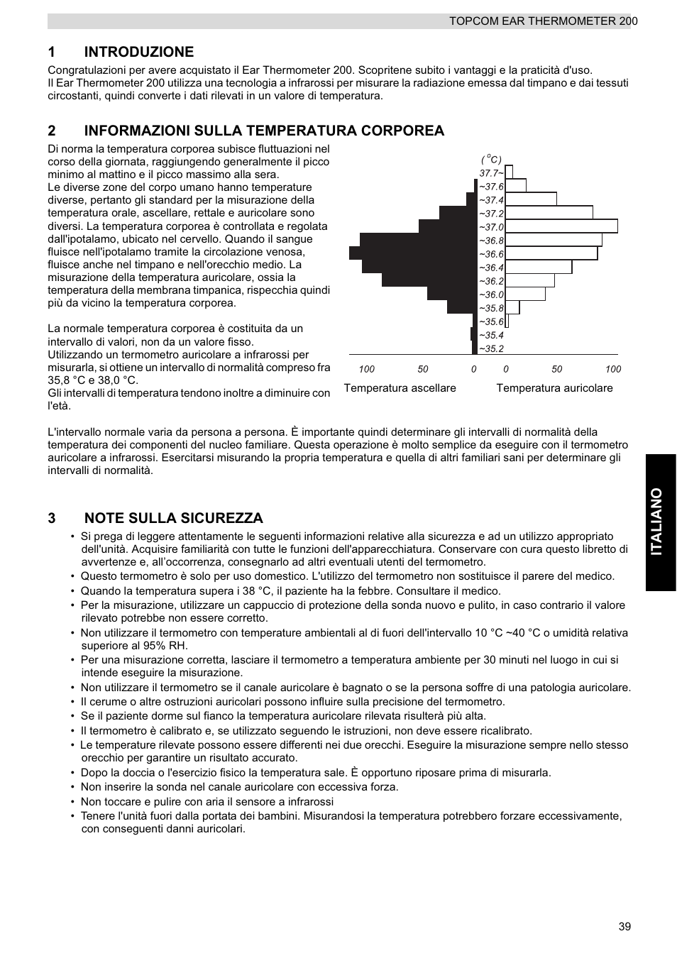 Italiano 1 introduzione, 2informazioni sulla temperatura corporea | Topcom 200 User Manual | Page 39 / 88