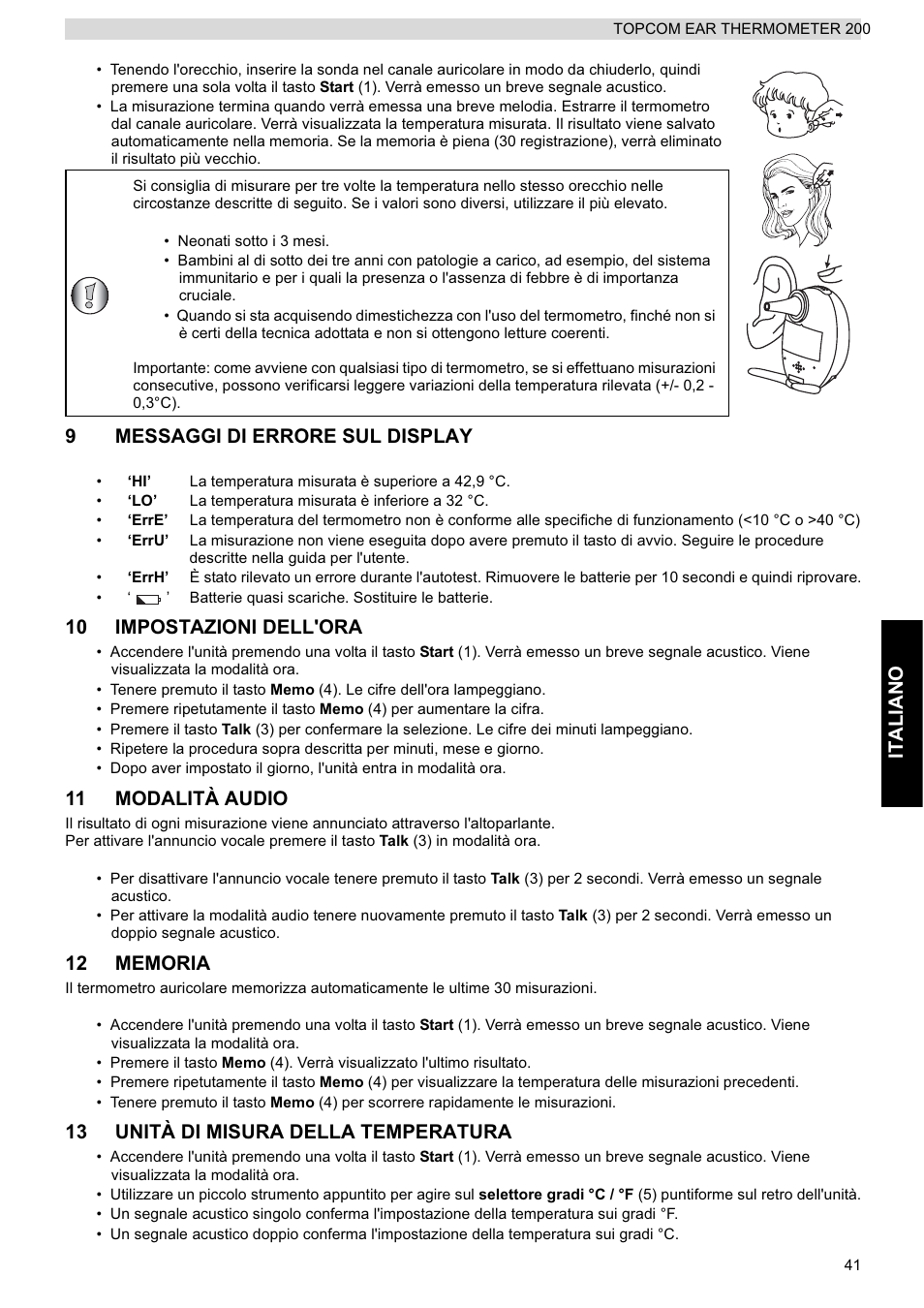 Italiano, 9messaggi di errore sul display, 10 impostazioni dell'ora | 11 modalità audio, 13 unità di misura della temperatura | Topcom 200 User Manual | Page 41 / 88