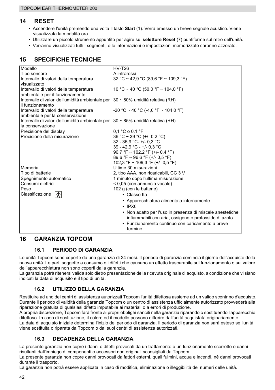 14 reset, 15 specifiche tecniche 16 garanzia topcom | Topcom 200 User Manual | Page 42 / 88